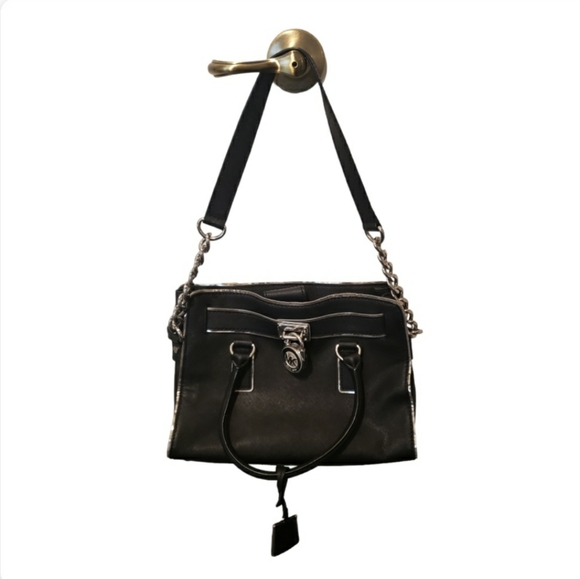 Michael Kors Hamilton Black Large Satchel Handbag With Lock And Key - Picture 2 of 7